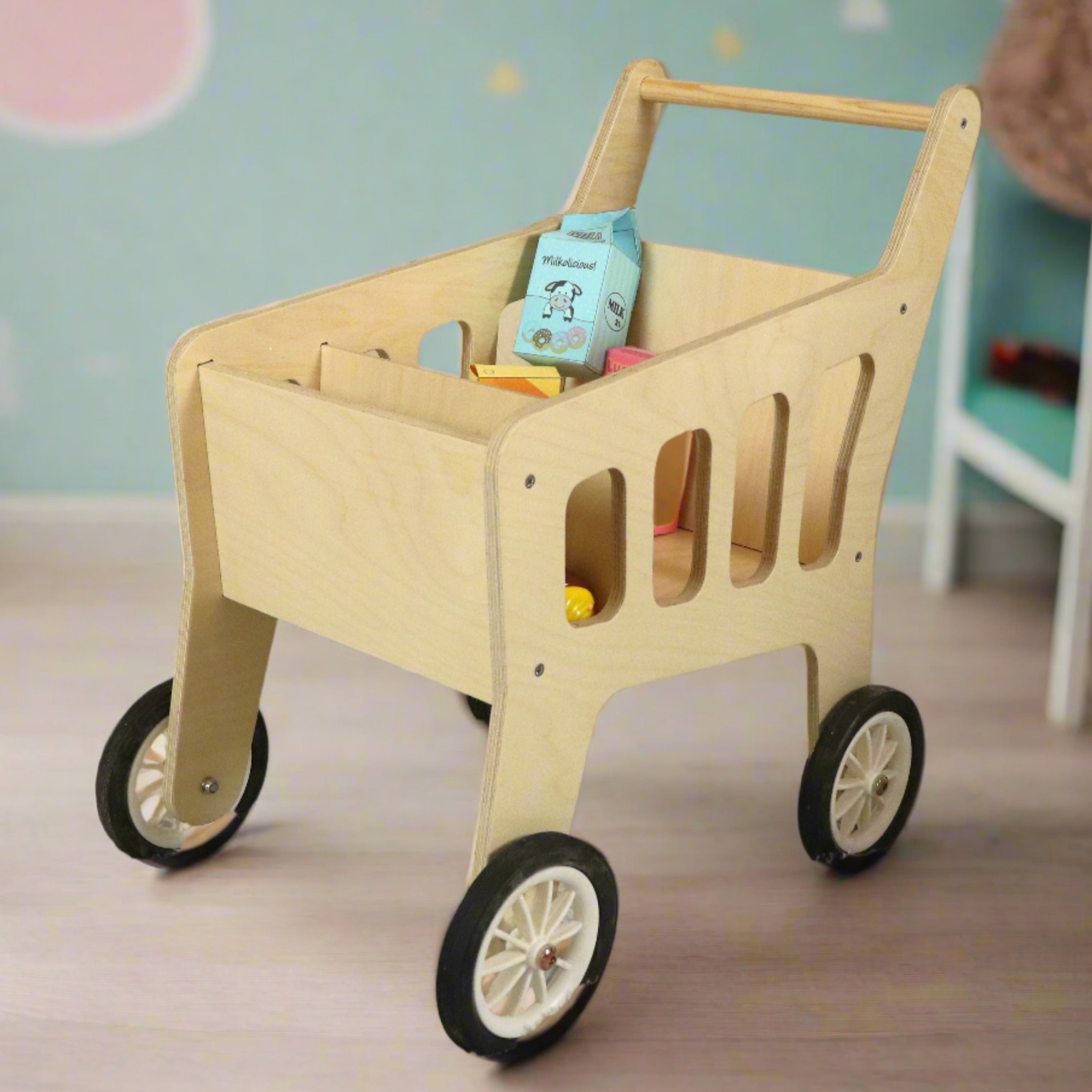 Kids wooden shopping trolley online