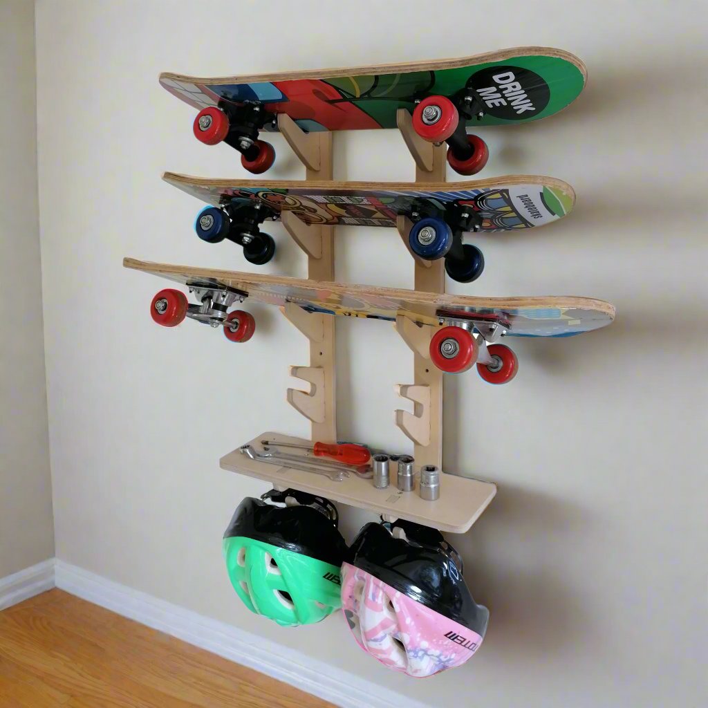 Skateboard Rack, V2 Four Hook with Shelf