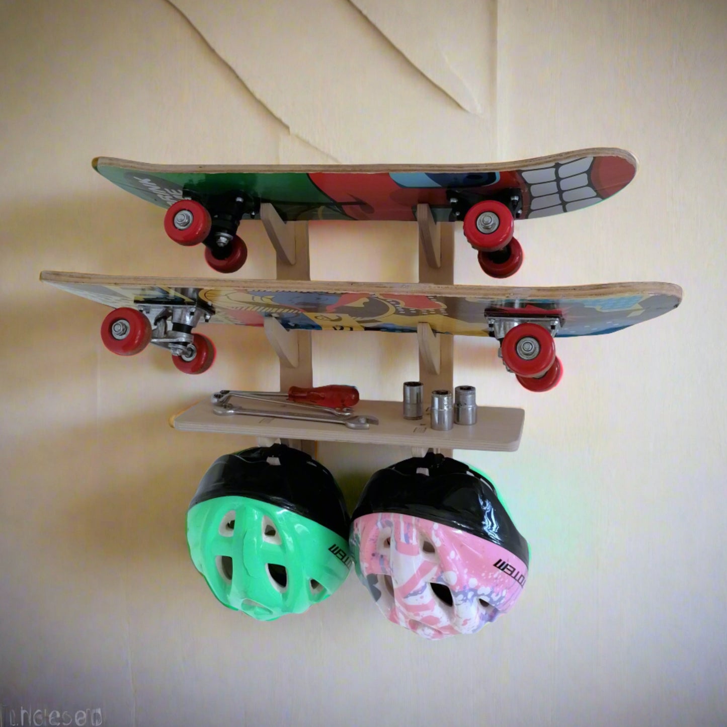 Skateboard Rack, V2 Two Hook with Shelf - Taimico